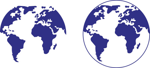 Set of blue Earth with different sides, geography and cartography Fill icons. Hemispheres and globes with world maps showing countries and continents collection isolated on transparent background. © M