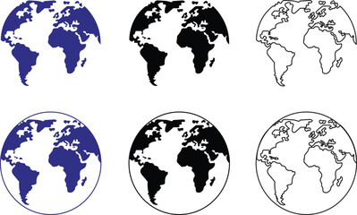 Set of black and blue Earth with different sides, geography and cartography icons. Hemispheres and globes with world maps showing countries and continent collection isolated on transparent background.