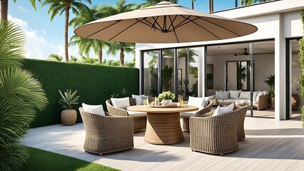 Fototapeta premium Terrace with outdoor furniture round table chairs gazebo and palm trees Exotic summer patio