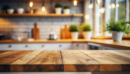 Empty Beautiful wood table top and blurred modern kitchen interior background in clean and bright, Ready for product montage