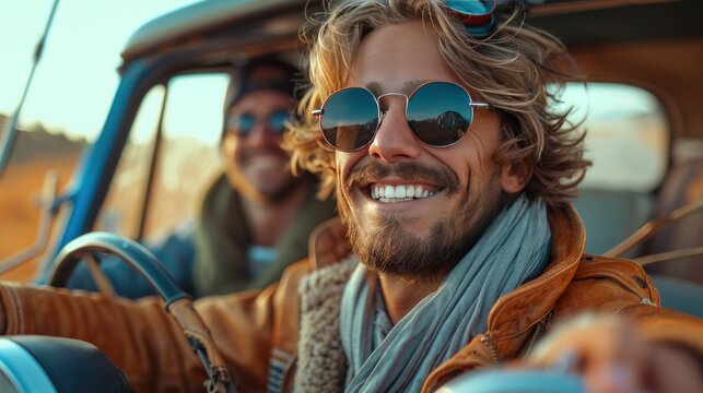Two cheerful young guys with camera driving retro car and making pictures while travelling in countryside