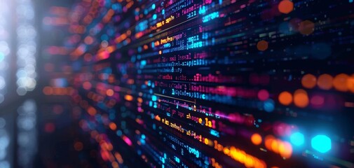 Fototapeta premium A vibrant, abstract image depicting colorful data streams and coding lines, representing digital technology and high-speed internet connections.