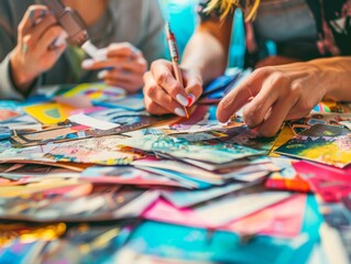 Fototapeta premium People creating colorful art projects with various materials, working together, hands visible, artistic expressions, creative atmosphere.