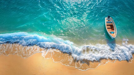 Fototapeta premium Wave and boat on the beach as a background. Beach and waves from top view. Turquoise water background from top view. Top view from drone. Travel - image
