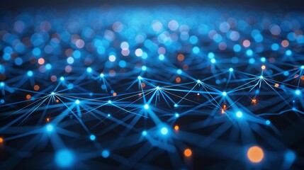 Obraz premium Abstract network of glowing blue points and lines, resembling a digital connection or data visualization on a dark background.