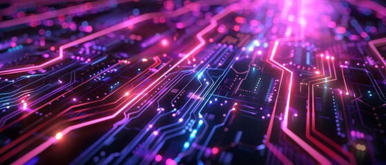 Fototapeta premium Abstract purple and pink neon circuit board close-up, showcasing futuristic technology with glowing design elements and intricate connections.