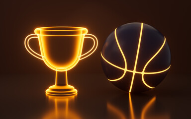 Glowing basketball and trophy , sports concept, 3d rendering.