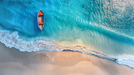 Fototapeta premium Wave and boat on the beach as a background. Beach and waves from top view. Turquoise water background from top view. Top view from drone. Travel - image