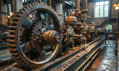 Industrial machinery with large cogs and gears in a factory