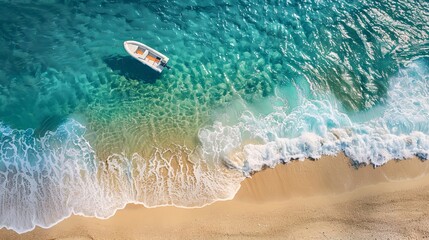 Obraz premium Wave and boat on the beach as a background. Beach and waves from top view. Turquoise water background from top view. Top view from drone. Travel - image
