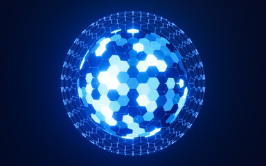 Abstract hexagonal sphere, neon glowing sphere, 3d rendering.