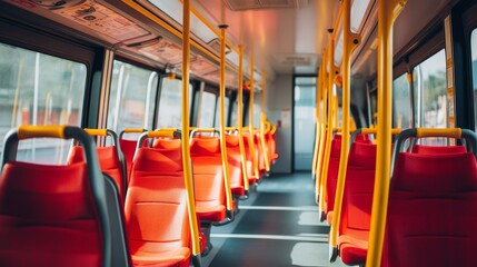 Fototapeta premium A yellow and red bus with empty seats