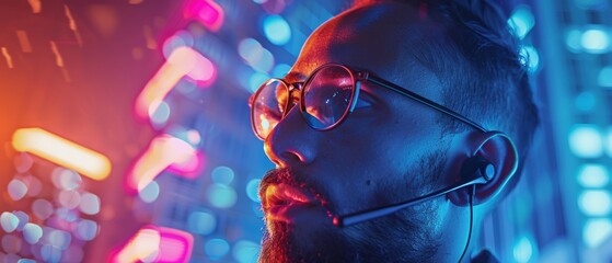 Close-up of a man with glasses and headset surrounded by colorful neon lights, representing technology and communication in a futuristic setting.