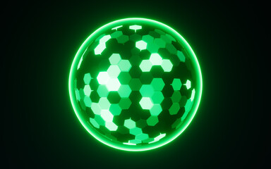 Abstract hexagonal sphere, neon glowing sphere, 3d rendering.