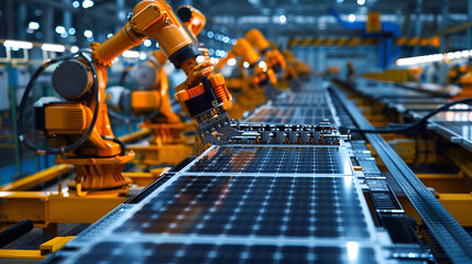 A factory with robots working on solar panels