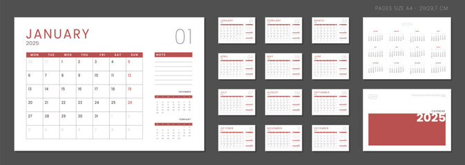 Set of 2025-2026 Calendar Planner Template with Place for Photo and Company Logo. Vector layout of a wall or desk simple calendar with week start Monday. Calendar grid in grey color for print