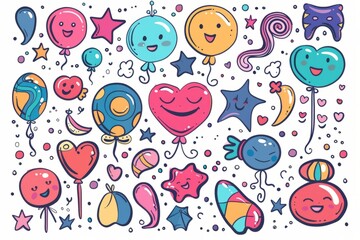 Cartoon cute doodles of playful bubbles and cheerful balloons, Generative AI