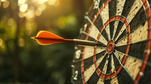 aims arrow at a virtual target dartboard, precision in setting objectives for business investments visualizes strategic approach to achieving goals and hitting targets in business