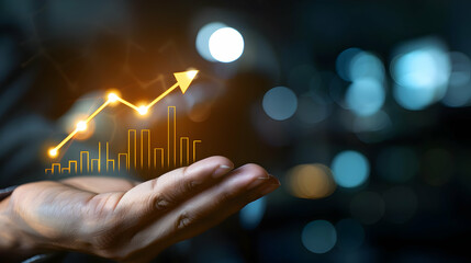 Hand holding growth business strategy arrow concept on success target improvement with increase development graph profit or economy investment income target and goal increase achie