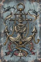 Anchor with rope and fish