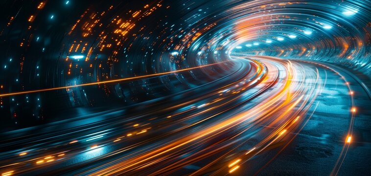 Futuristic tunnel with vibrant neon lights and motion blur, depicting speed and technology in a modern urban setting.