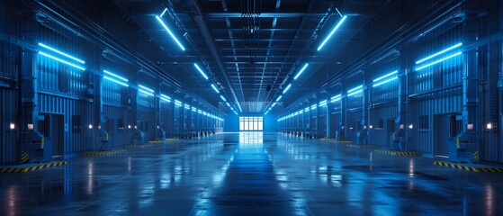 Fototapeta premium Modern industrial warehouse with bright blue neon lighting, showcasing an empty, spacious interior with reflective surfaces.