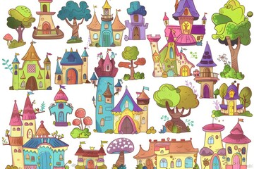 Obraz premium Cartoon cute doodles of whimsical fairytale castles and enchanted forests, Generative AI