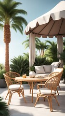 Fototapeta premium Terrace with outdoor furniture round table chairs gazebo and palm trees Exotic summer patio