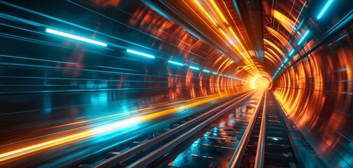 Dynamic abstract speed motion with neon lights mimicking a futuristic tunnel, symbolizing rapid progress and modern technology.