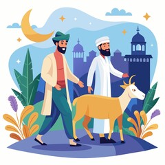 Fototapeta premium a muslim man celbrating eid al-adha with his goat