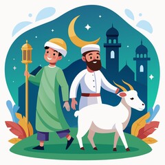 a muslim man celbrating eid al-adha with his goat