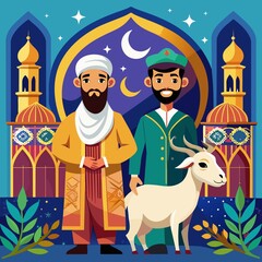 Naklejka premium a muslim man celbrating eid al-adha with his goat