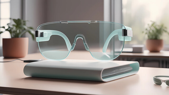 A stunning, minimalist curved, pastel translucent glass AR headset designed by BRAUN, Dieter Rams. Unreal engine render, natural lighting, on desk, beautiful shot