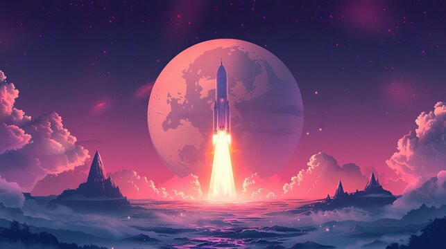 A rocket ship launching from aYi Xing Hai Tan , with a large moon in the background