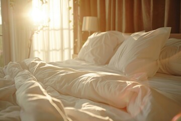 Unmade Bed with White Sheets and Pillows