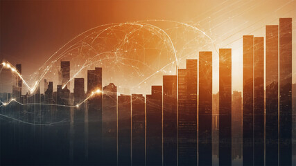 Double exposure, group of business people looking at financial data on futuristic display and graph showing enterprise development and growth.