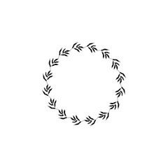 A black and white image of a wreath of leaves. The leaves are arranged in a circle and are very thin