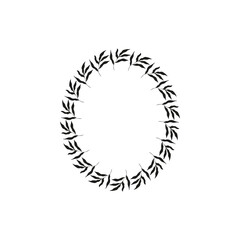 A black and white image of a wreath with leaves. The wreath is circular and has a lot of leaves