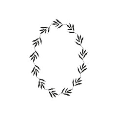 A black and white image of a wreath with leaves. The wreath is circular and has a lot of leaves