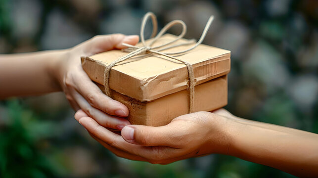 Two hands exchange a gift box, symbolizing giving and receiving, wrapped in natural packaging with a string tie.