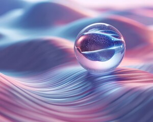 Abstract futuristic background with a glass sphere on a wavy, smooth surface in pastel color tones....