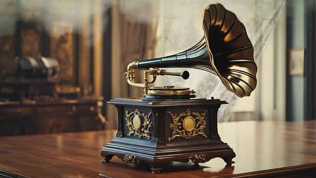 Antique gramophone perched on a table, evoking timeless elegance and classic charm