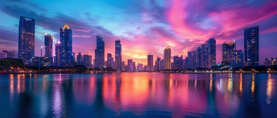 Obraz premium Dramatic pink and orange sunset hues bathe a modern city skyline reflected in calm water