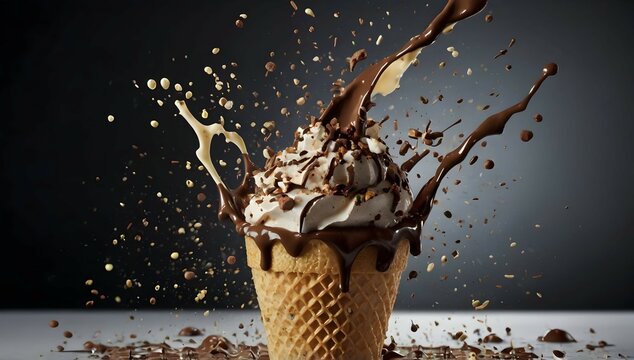 "Capture dynamic splashes of food in a flying food photography" with a single wafer cone with three exploding scoops of chocolate, strawberry and vanilla ice-cream as the main subject, showcasing spla
