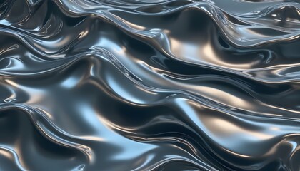 Shiny wavy white metallic fluid with reflective chrome mirror water effect creates a textured background backdrop.