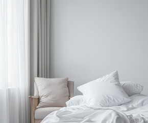 Modern hotel room with elegant bedding and stylish decor. Neutral tones and use of natural light.