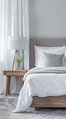 Modern hotel room with elegant bedding and stylish decor. Neutral tones and use of natural light.