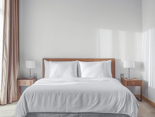 Modern hotel room with elegant bedding and stylish decor. Neutral tones and use of natural light.