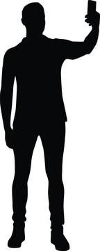 recommend clip art: Men taking selfie silhouette illustration. Adult self photo pose. People selfie full body in black color.