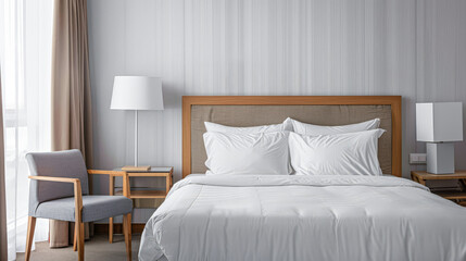 Modern hotel room with elegant bedding and stylish decor. Neutral tones and use of natural light.